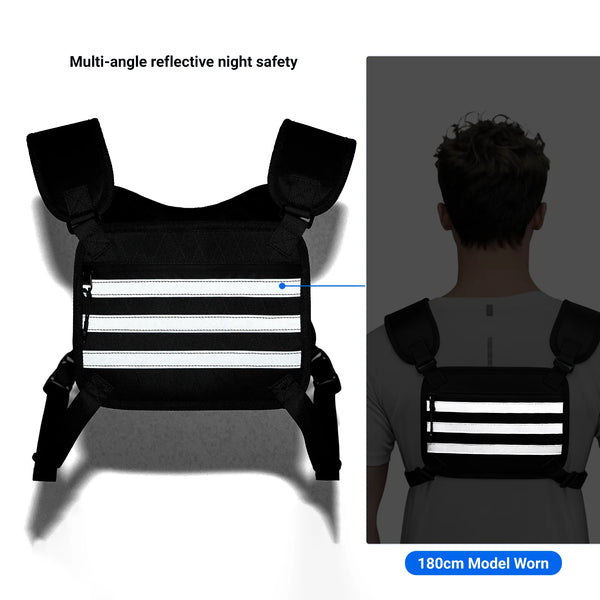 A black multi-angle reflective night safety chest pack worn by a person.