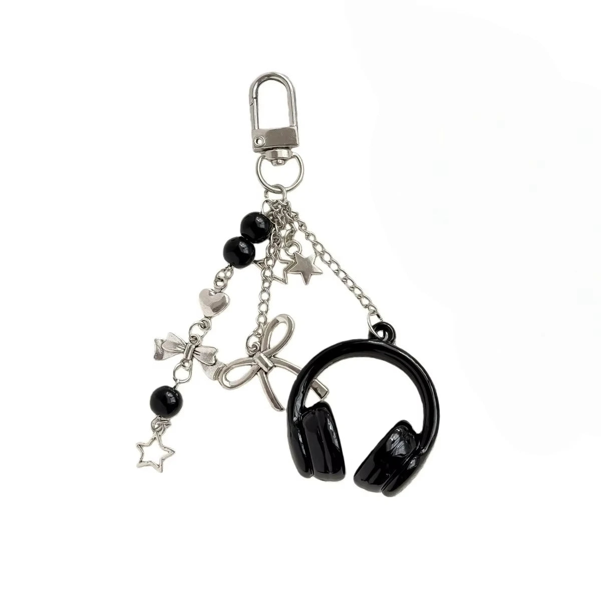 Silver music headphone keychain with a hook and chain attached to a black strap.