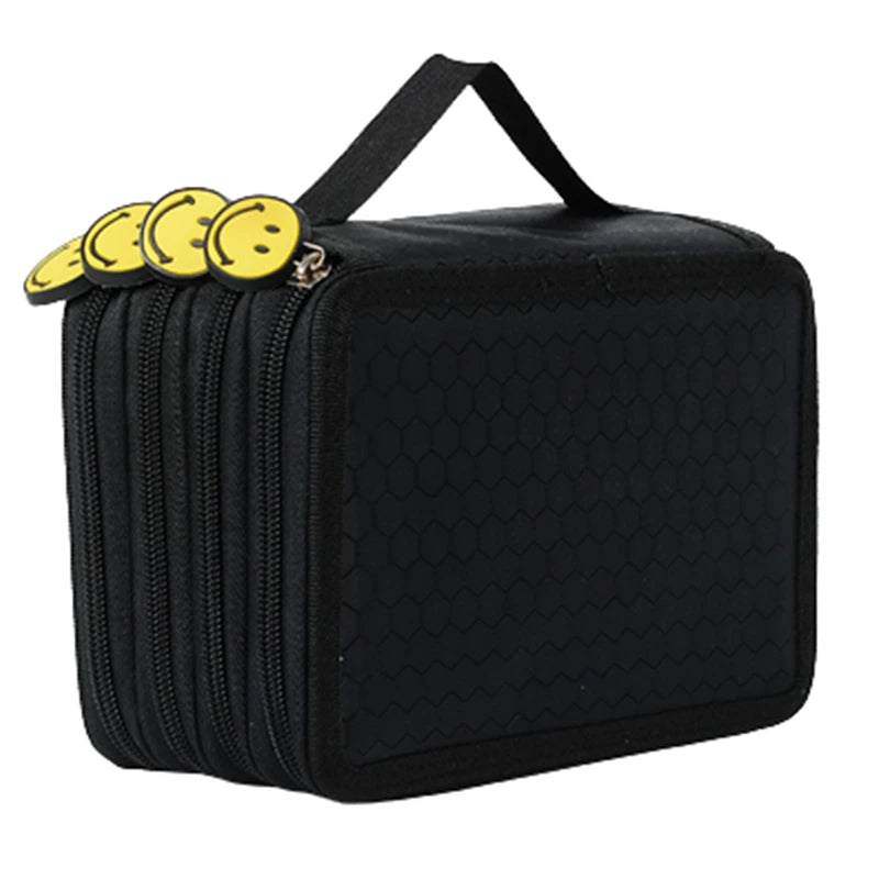 Black pencil case with a zipper closure and yellow decorative accents.