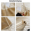 Detailed display of a straw woven tote bag with PU trim and matching pouch shown in various angles.