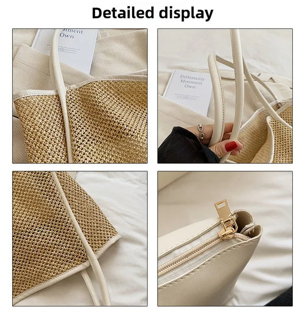 Detailed display of a straw woven tote bag with PU trim and matching pouch shown in various angles.