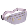 Petit sac banane imperméable mauve clair à fermeture éclair et quincaillerie dorée.