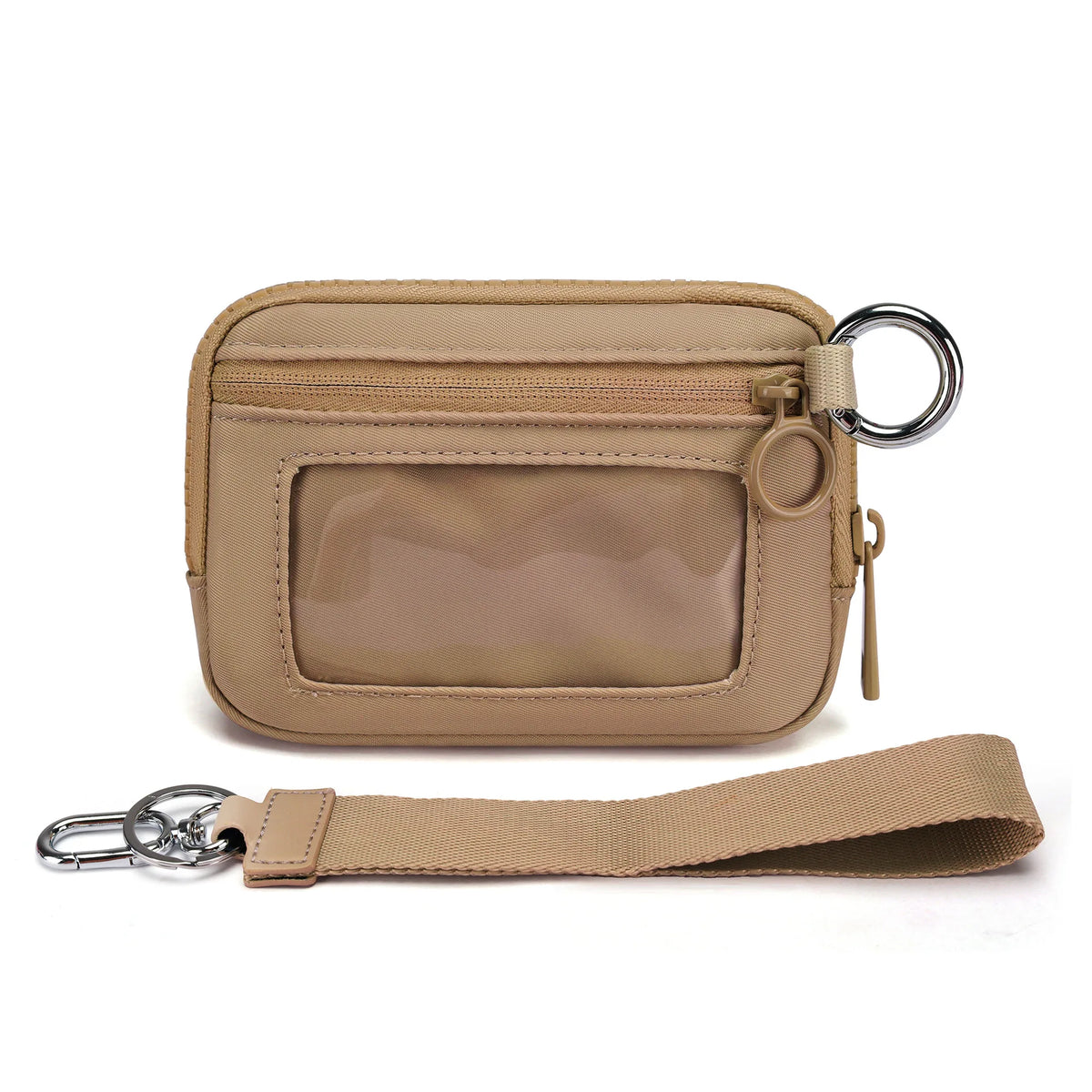 A tan multi-functional zipper wallet with a clear window and a leather keychain strap.