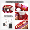 Red felt purse organizer with various cosmetic and storage inserts for organized storage