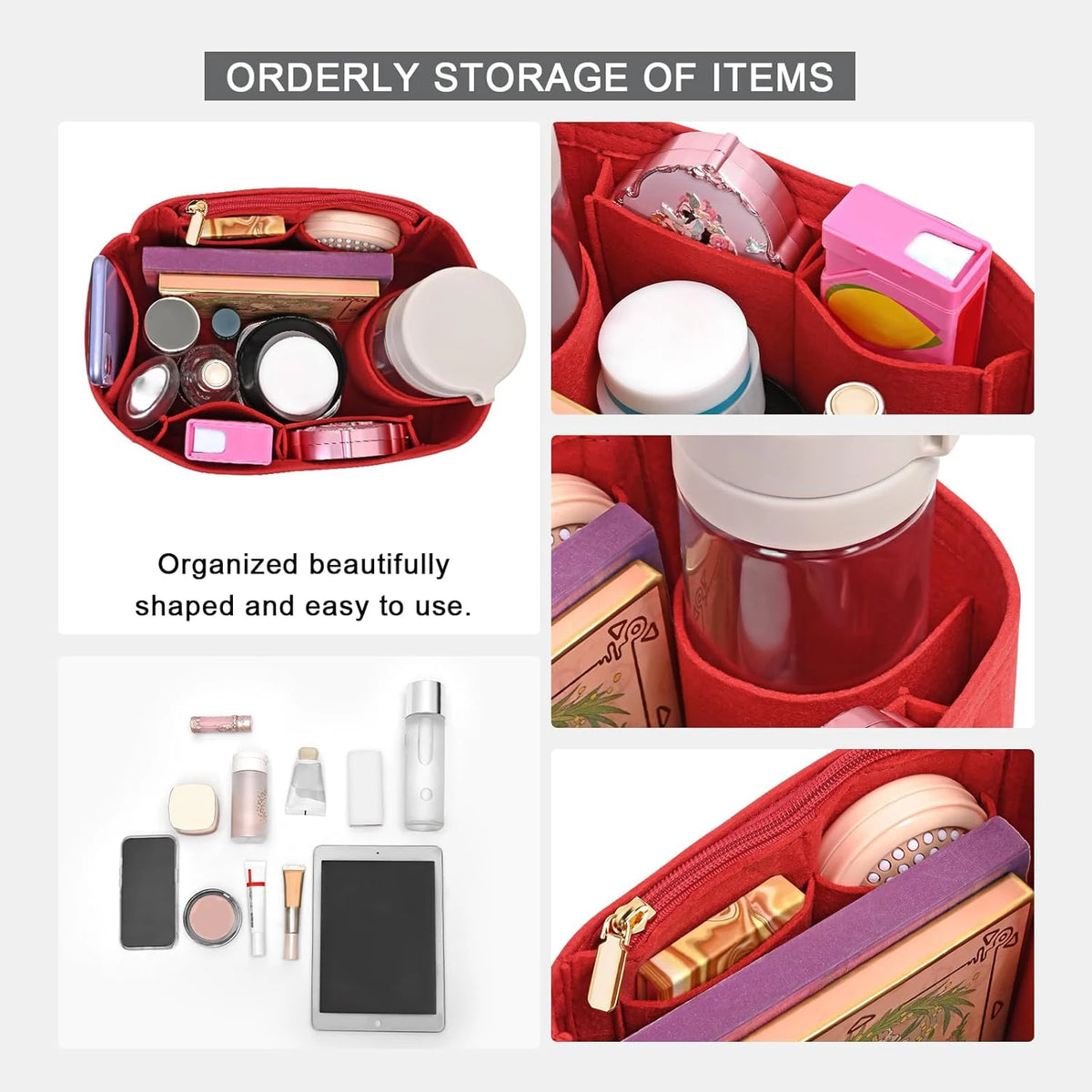 Red felt purse organizer with various cosmetic and storage inserts for organized storage