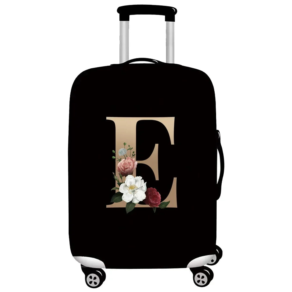 Black premium stretch luggage protective cover with a large gold letter E