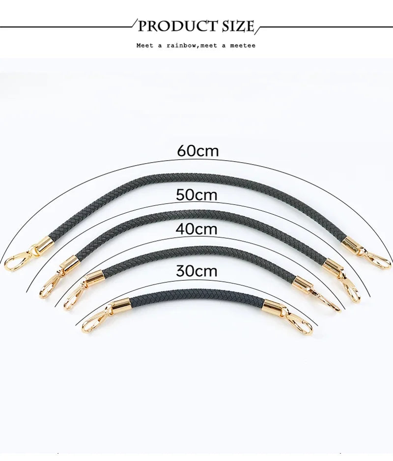 A set of black PU leather replacement bag straps with metal buckles shown at various lengths from 30cm to 60cm.