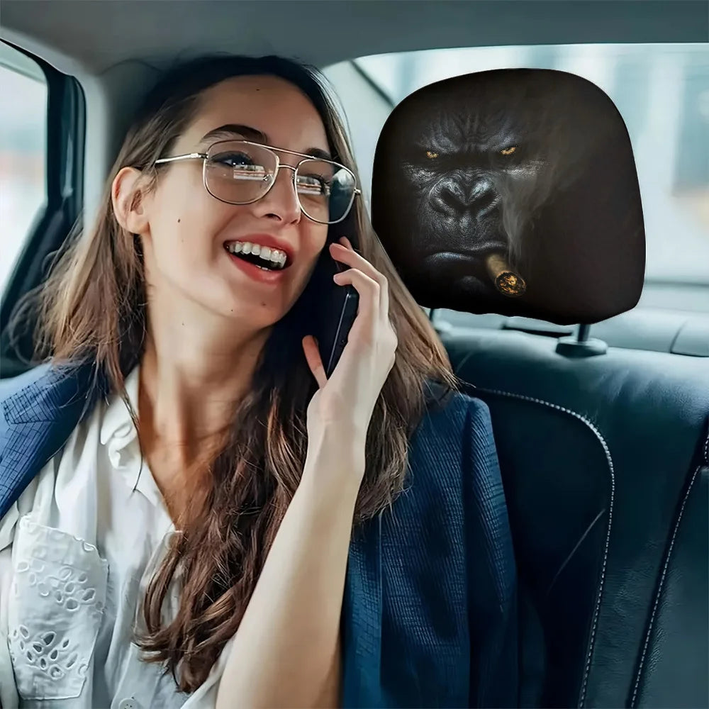 A woman in a car is talking on the phone while wearing silicone car headrest covers.