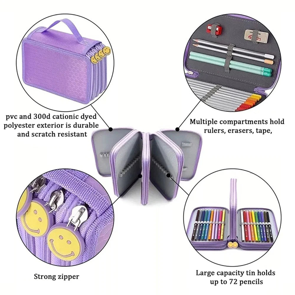 Purple plastic pencil case with multiple compartments for holding rulers, erasers, and pencils