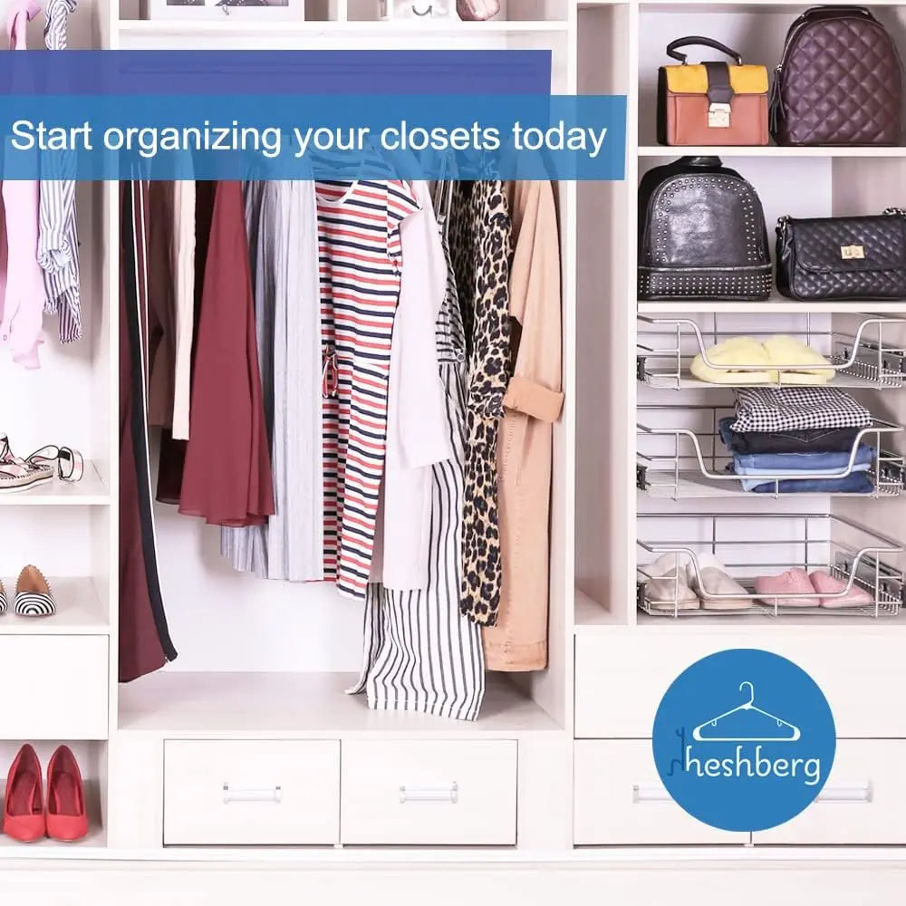 A white shelving unit displaying various clothing items and leather accessories, including hangers and bags.
