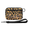 A tan and black leopard print zippered wallet with a metal keychain attached.