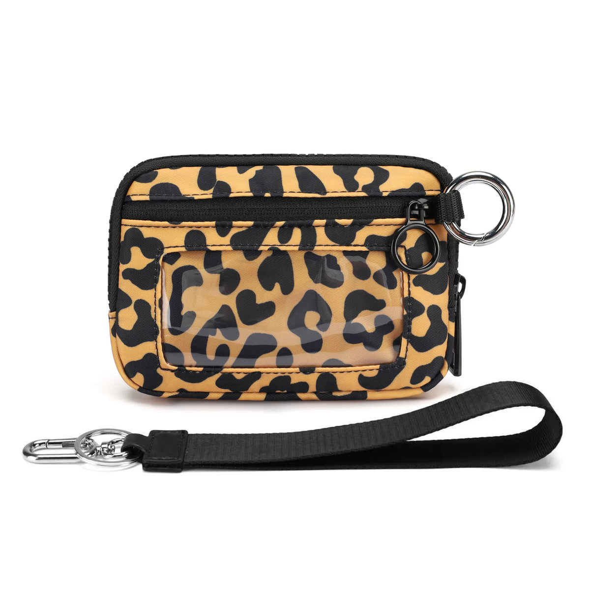 A tan and black leopard print zippered wallet with a metal keychain attached.