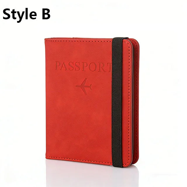 A red slim passport holder with a black sleeve and an airplane logo embossed on the cover.