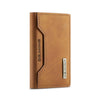 A tan leather trifold magnetic card holder wallet with embossed DG.MING branding.