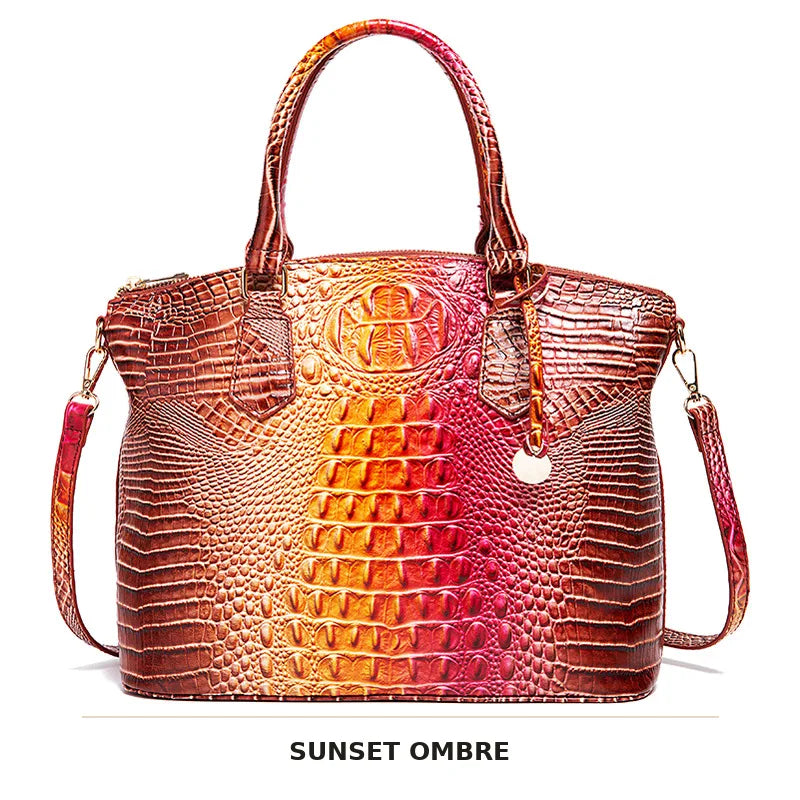 Braunes Krokodilmuster-Top mit Henkel, Crossbody-Tasche mit rötlich-orangefarbiger Farbverlauf.