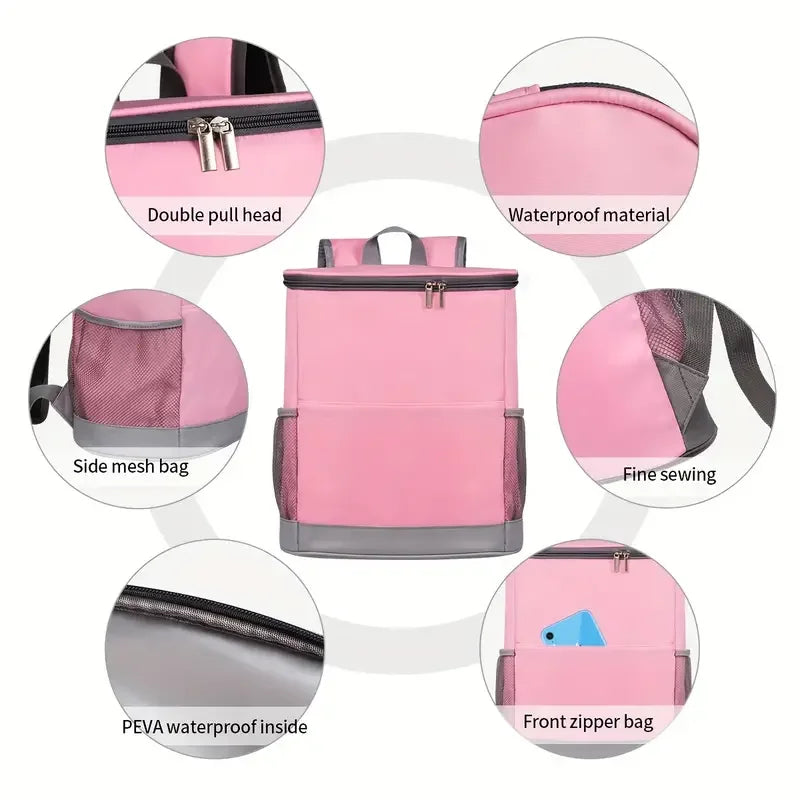 Pink and gray leak-proof backpack featuring double pull head, waterproof material, mesh bag, fine sewing, PEVA waterproof ins