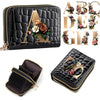 A black PU leather double-zip clutch wallet featuring gold lettering and floral accents.