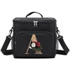 Black insulated canvas lunch bag with dual handles featuring a gold letter A and floral accents.
