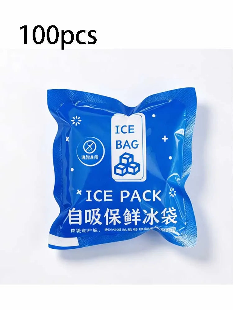 A package of 100 ice packs in blue plastic with white text indicating they are for coolers and lunch bags.