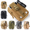 A collection of tactical camo leg bags and fanny packs for outdoor gear in various shades of tan, olive green, and brown.