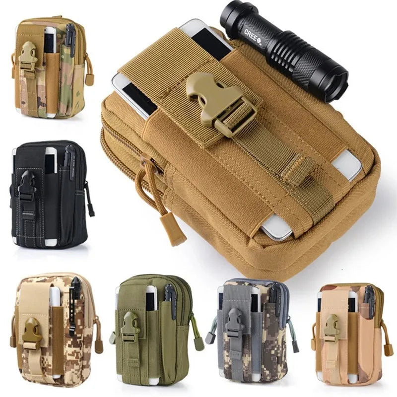 A collection of tactical camo leg bags and fanny packs for outdoor gear in various shades of tan, olive green, and brown.