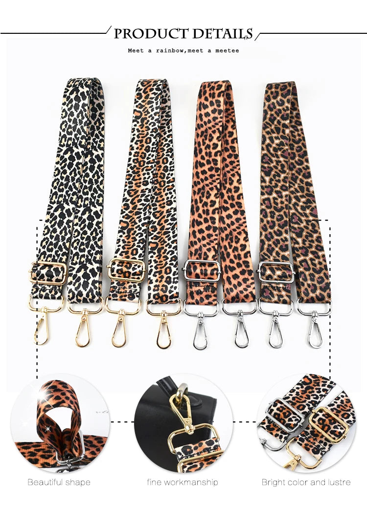 Four leopard print adjustable straps shown with close-ups highlighting beautiful shape, fine workmanship, and bright color.