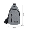 A gray men's versatile crossbody sling chest bag shown from the front with dimensions.