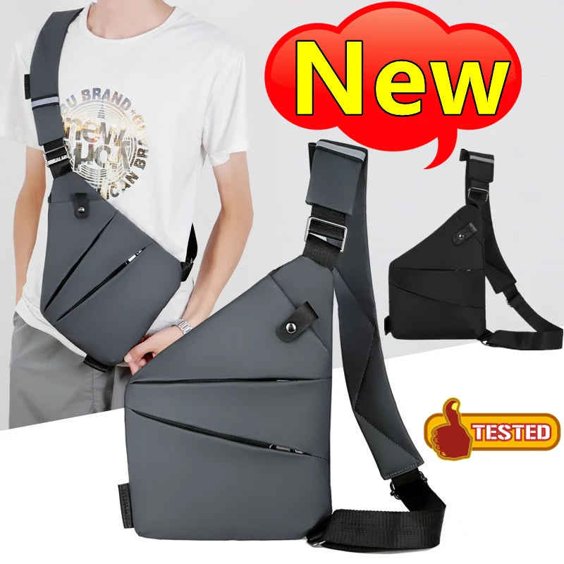 A gray anti-theft crossbody chest bag is shown with a man, featuring a new and tested waterproof oxford sling pack design.