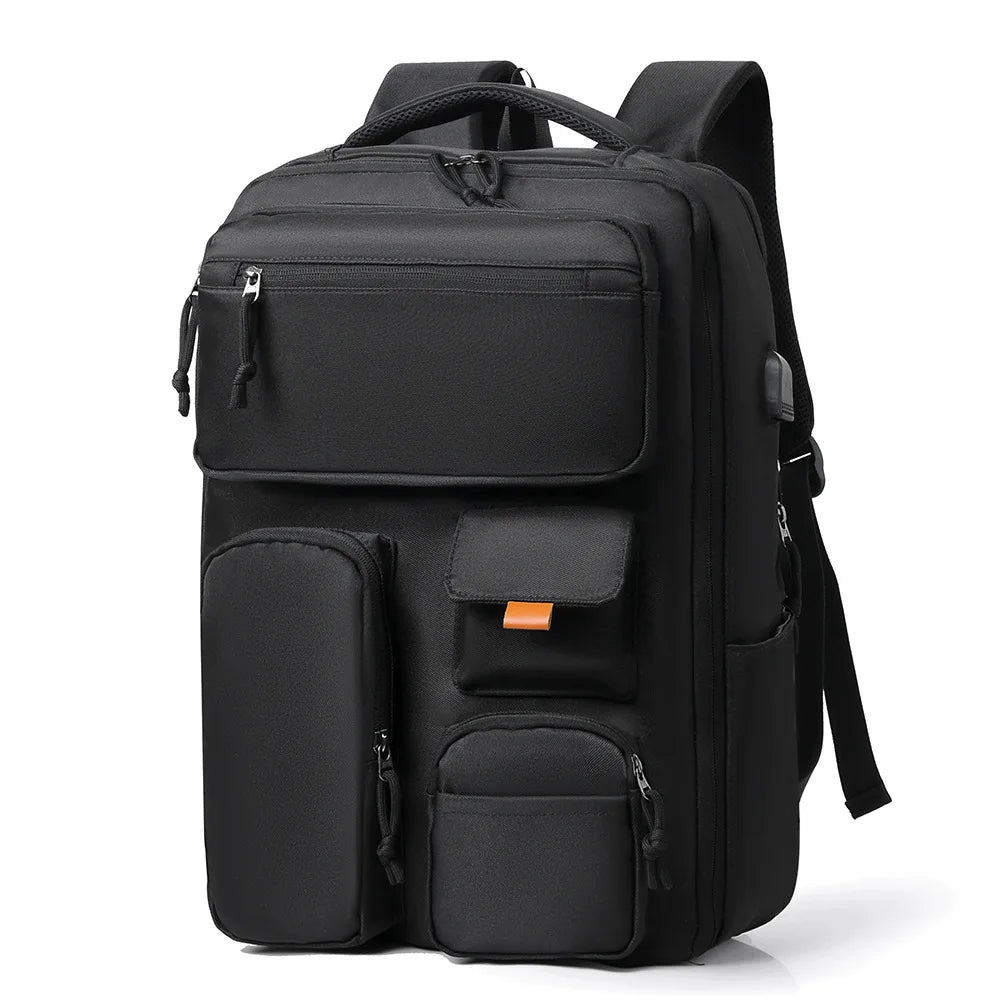 A black unisex large capacity travel backpack shown from the back.