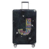 A black stretch fabric luggage protection cover with silver handles and wheels.