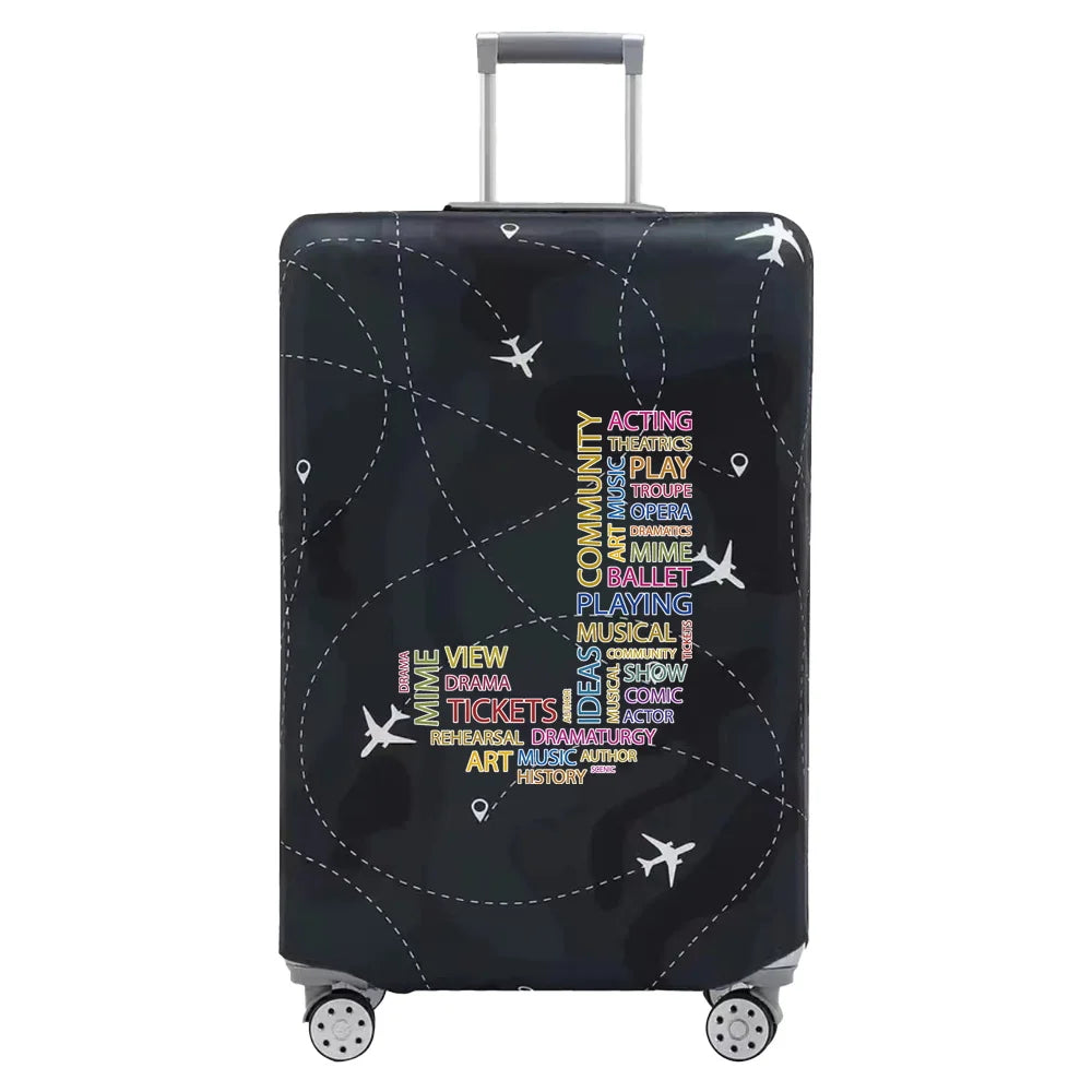 A black stretch fabric luggage protection cover with silver handles and wheels.