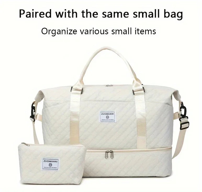 A cream-colored duffel bag paired with a matching small pouch for organizing various items.