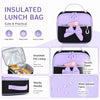 A set of three purple and black insulated lunch bags featuring a cute design, with details on insulation and durability.