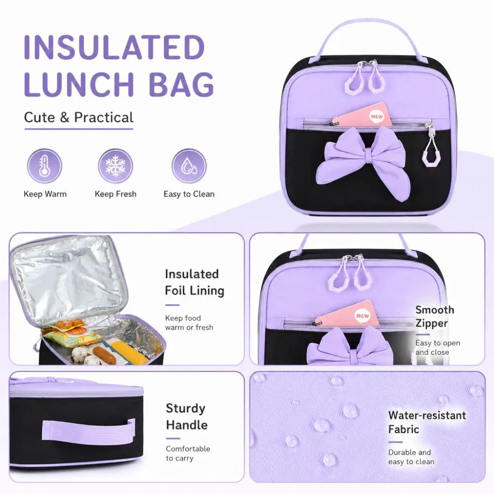 A set of three purple and black insulated lunch bags featuring a cute design, with details on insulation and durability.
