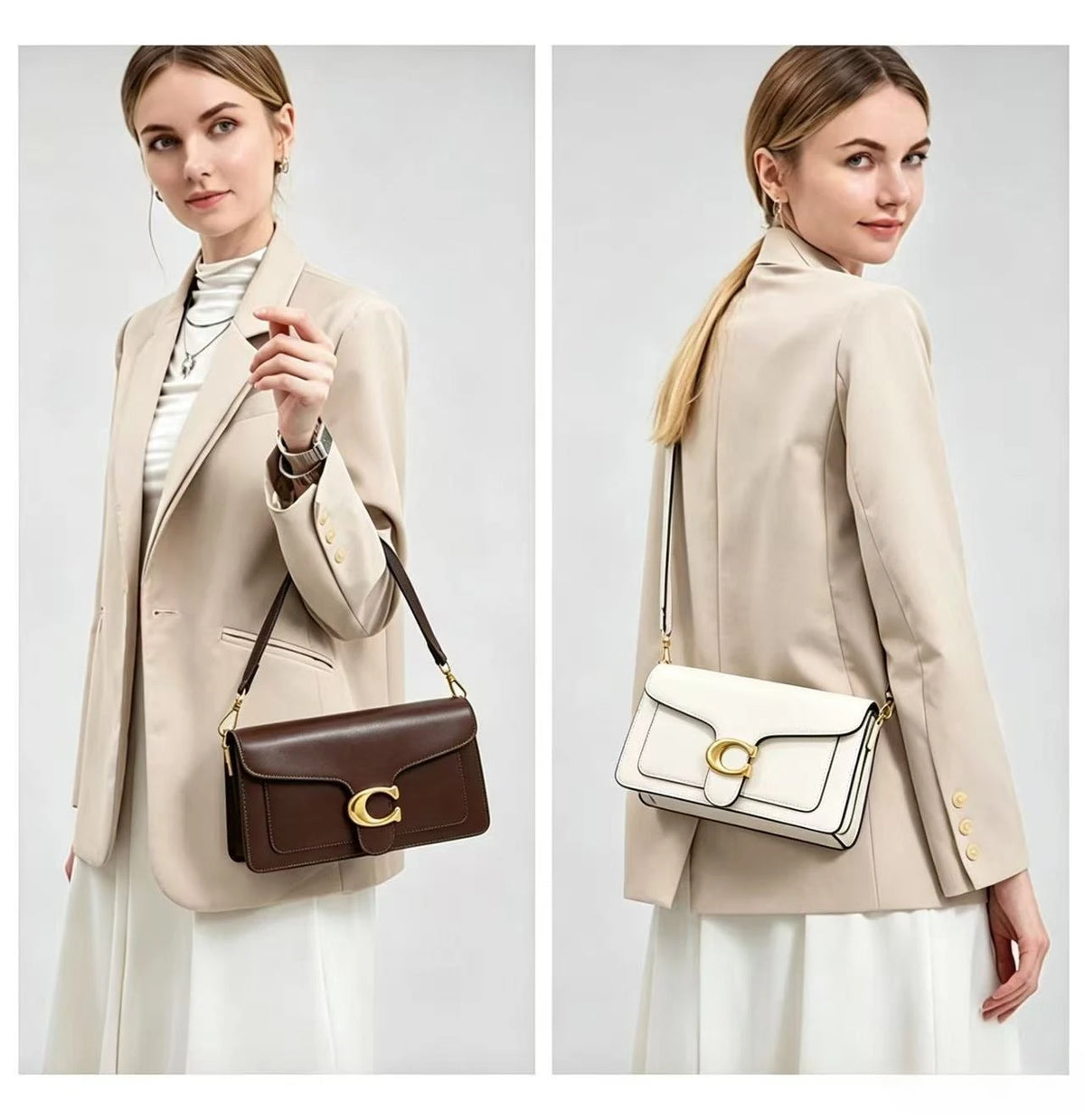 A woman models a beige blazer and white skirt, holding a brown leather shoulder bag.
