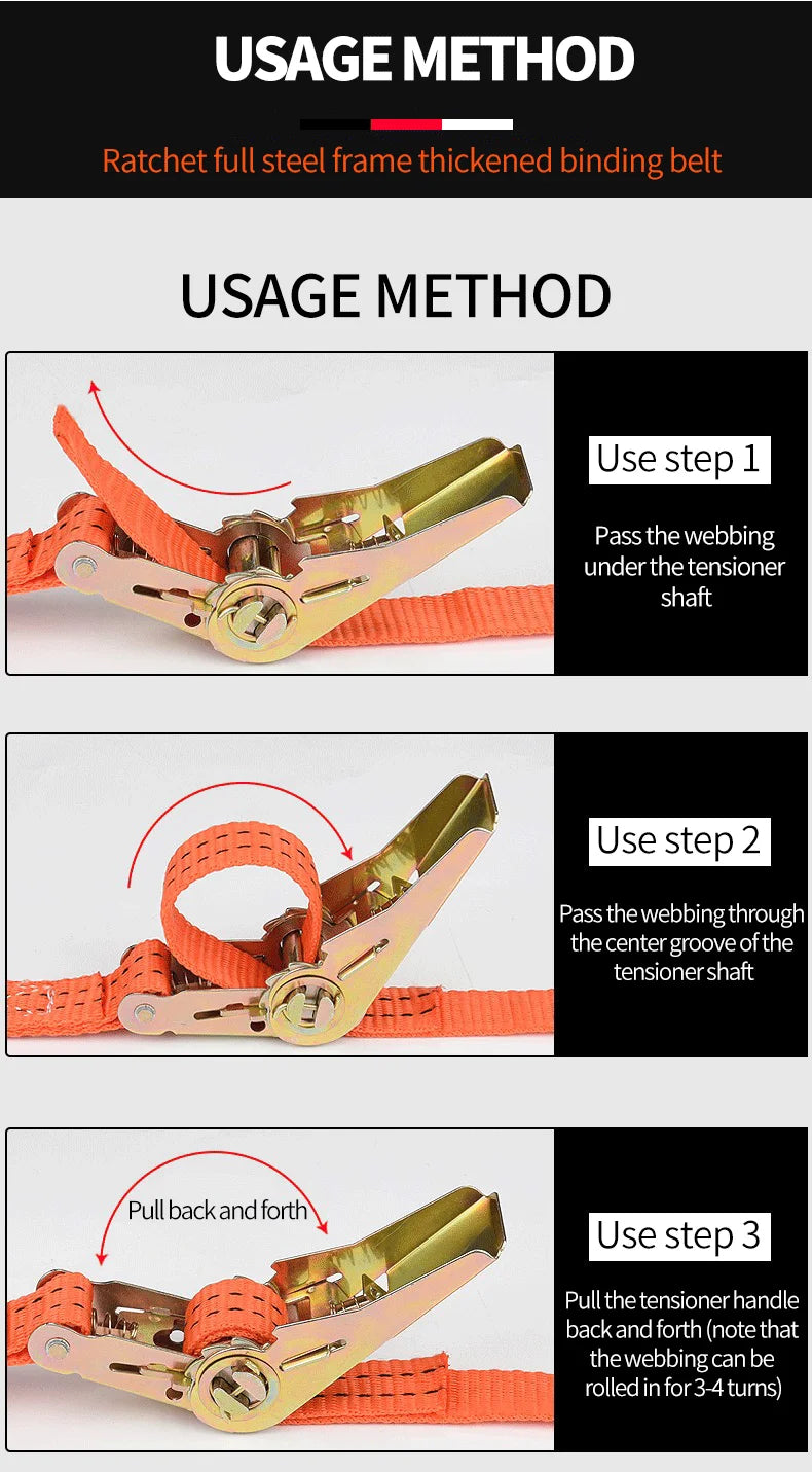 Instructions showing how to use a ratchet full steel frame thickened binding belt for vehicle securing