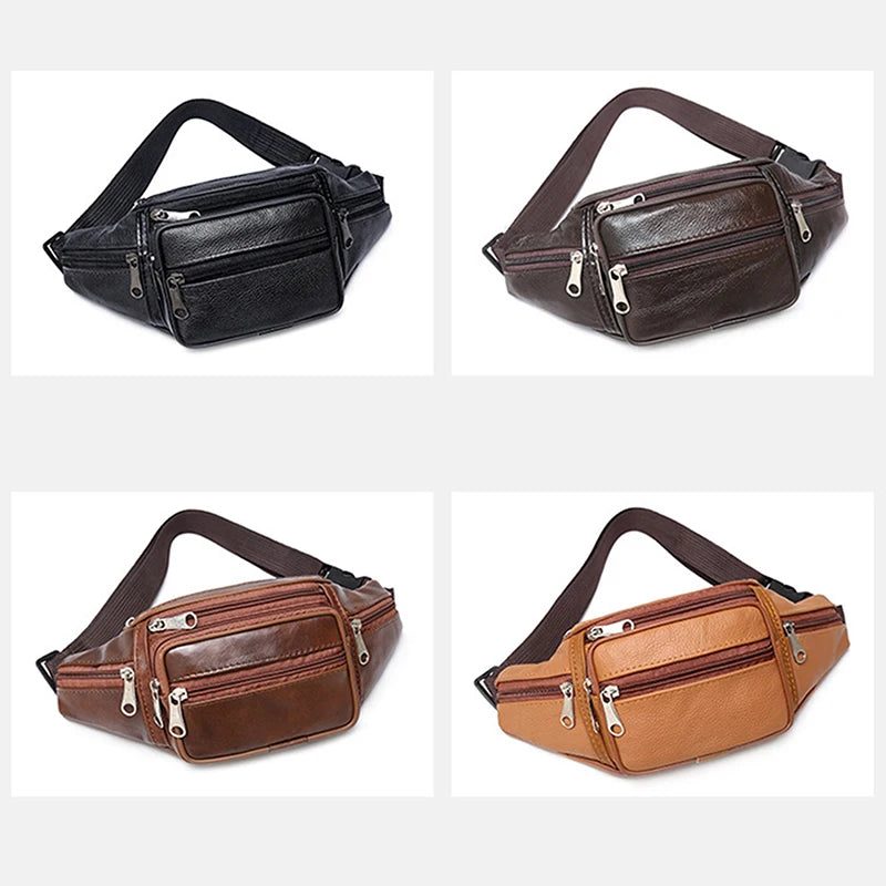 Three views of a men's PU leather waist pack in black, brown, and tan colors with adjustable straps.