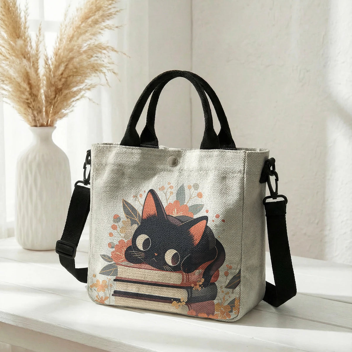Beige Tasche mit Blumenkattenmuster und schwarzen Riemen, auf weißem Untergrund.