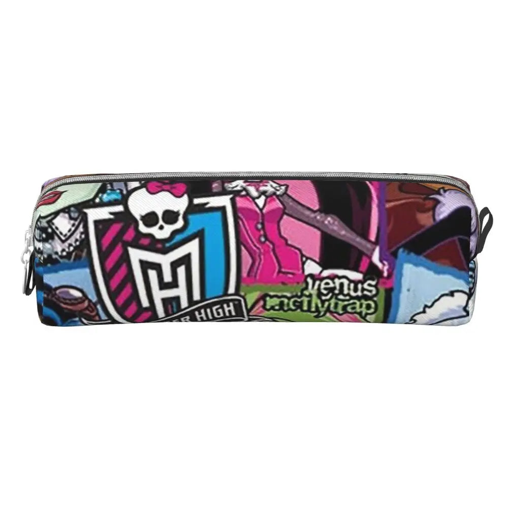 A black leather pencil case featuring a skull design and vibrant colors.