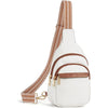 A white PU leather chest sling bag with a brown and beige patterned strap and gold hardware.