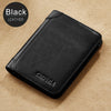 Black leather bi-fold wallet with the name Céphia resting on a beige textured surface.