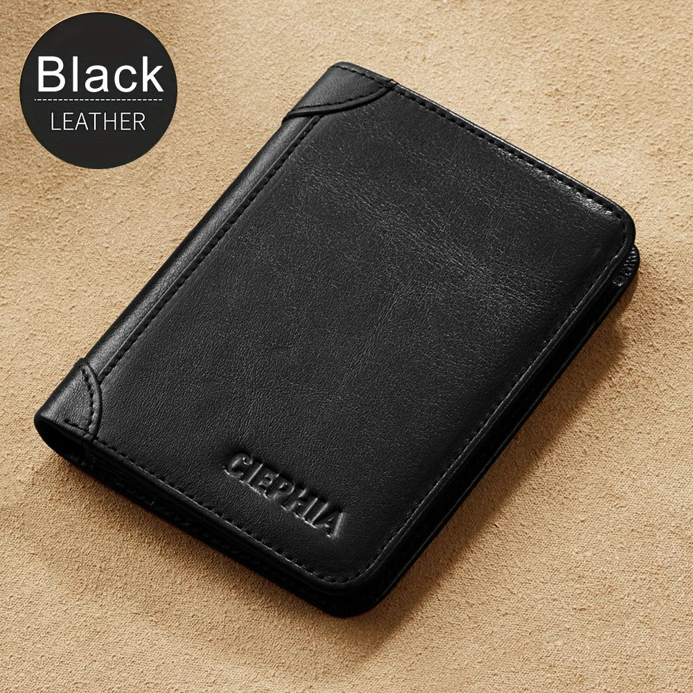 Black leather bi-fold wallet with the name Céphia resting on a beige textured surface.