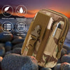 A tan camouflage tactical EDC waist pouch designed to hold a phone and tools, resting on dark stones.