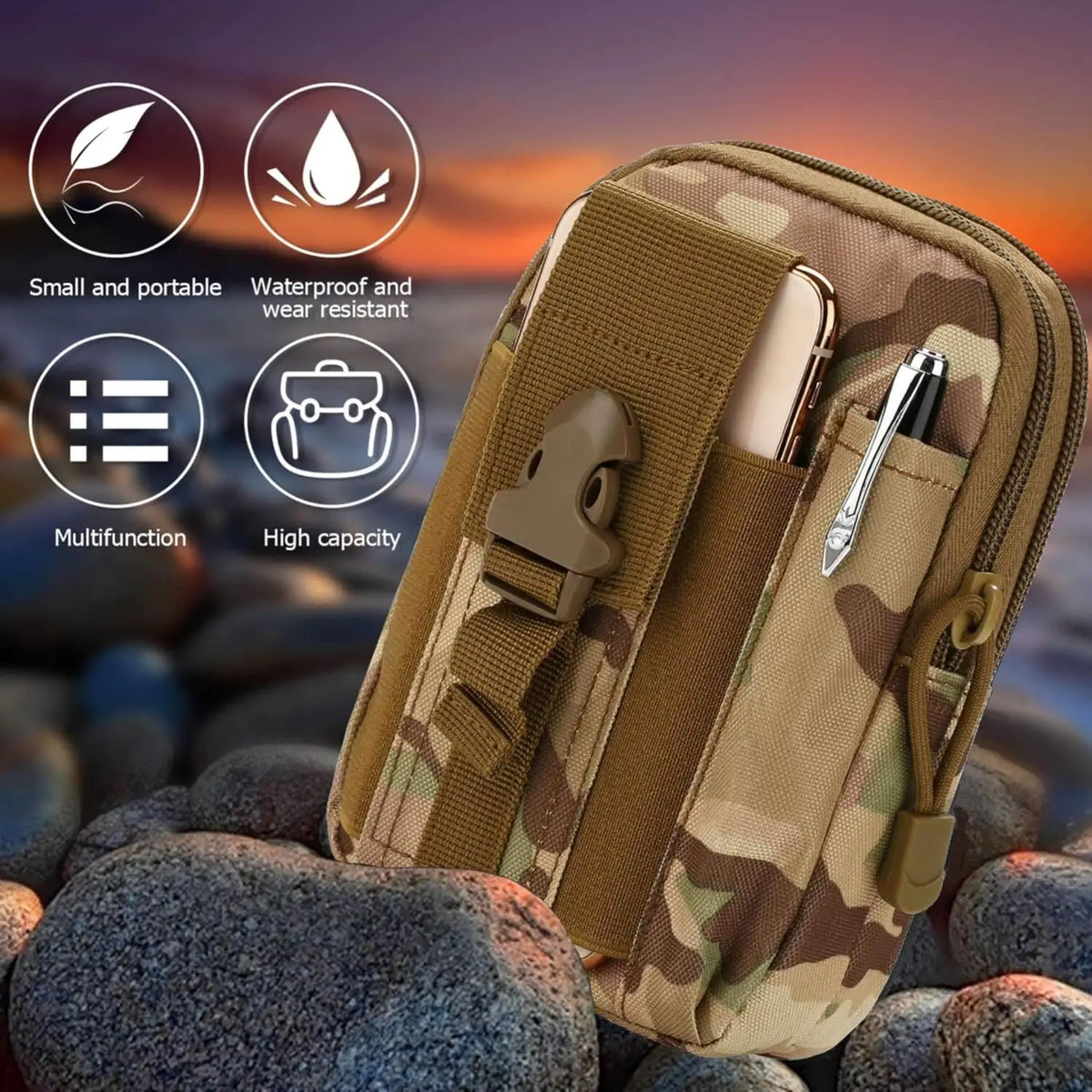 A tan camouflage tactical EDC waist pouch designed to hold a phone and tools, resting on dark stones.