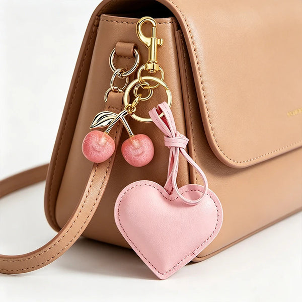 A light tan leather handbag with a gold chain keychain featuring cherry-shaped pendants and a pink heart charm.