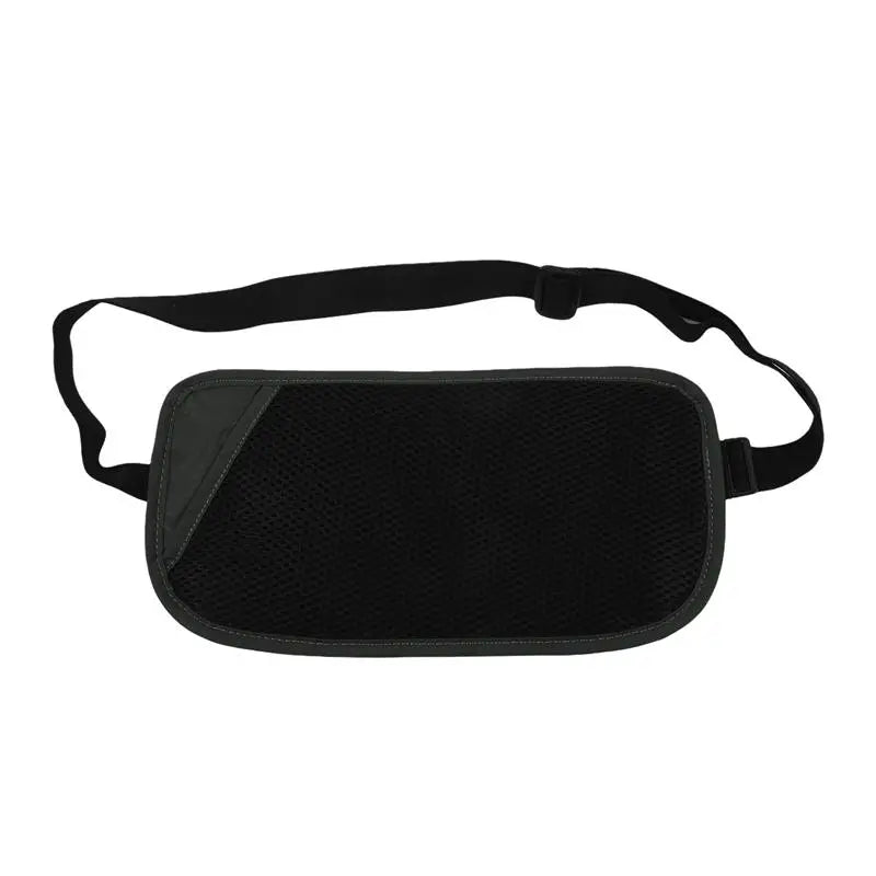 Bolsa para dinero con bloqueador RFID delgada y negra con correa negra.