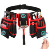 Bolsa de herramientas utilitaria negra y roja con múltiples herramientas y accesorios en una correa negra.
