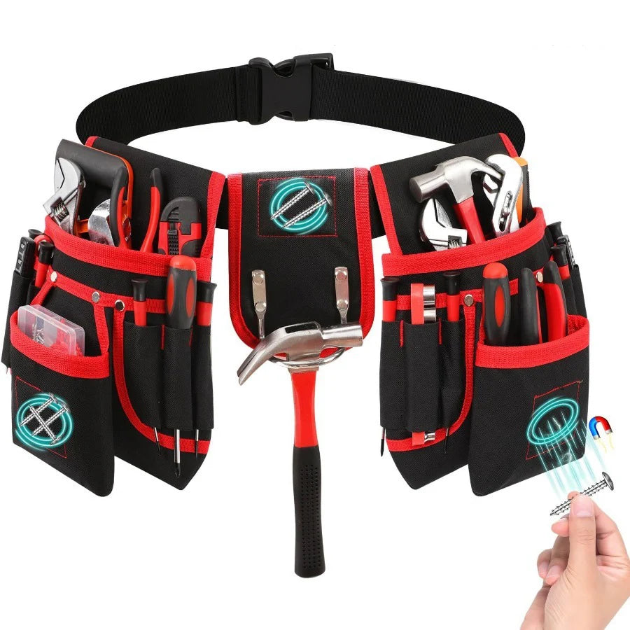 Bolsa de herramientas utilitaria negra y roja con múltiples herramientas y accesorios en una correa negra.