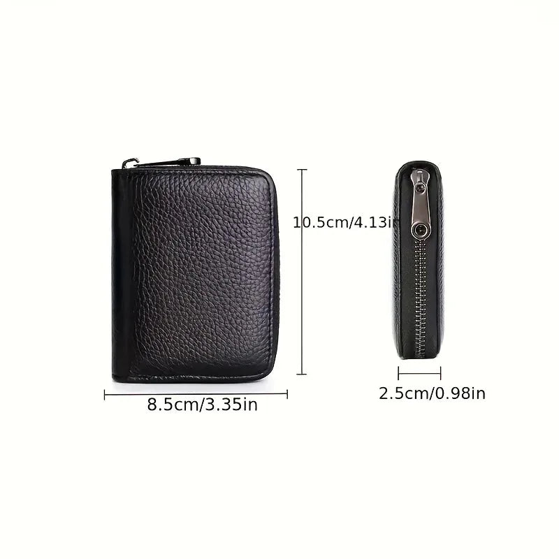 Black minimalist RFID blocking card wallet with a zipper pouch shown in profile view.