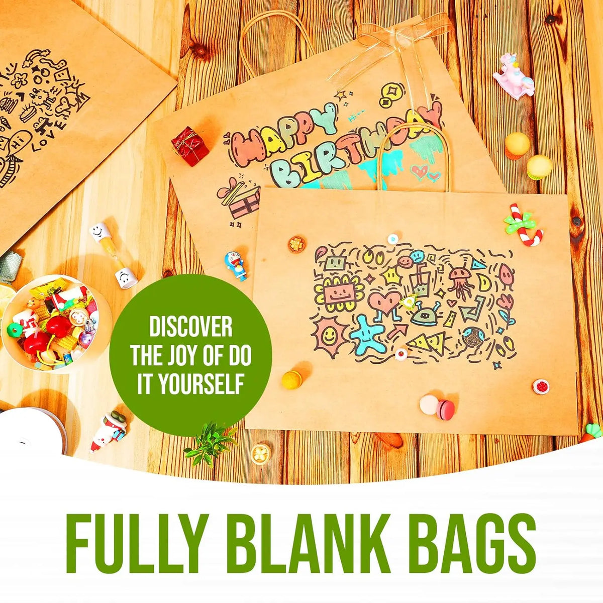 Several fully blank kraft paper gift bags tied with twine are displayed on a wooden surface.